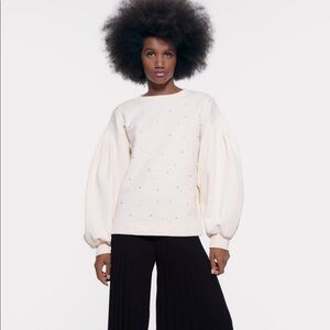 ZARA Balloon Sleeve Sweater with Faux Pearls BNWT